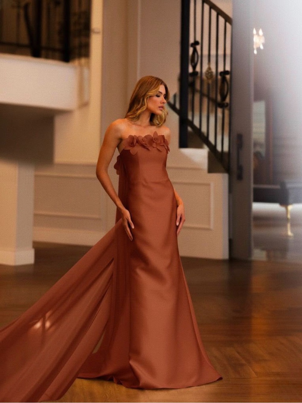 Strapless Copper-Brown Evening Gown with Floral Trim